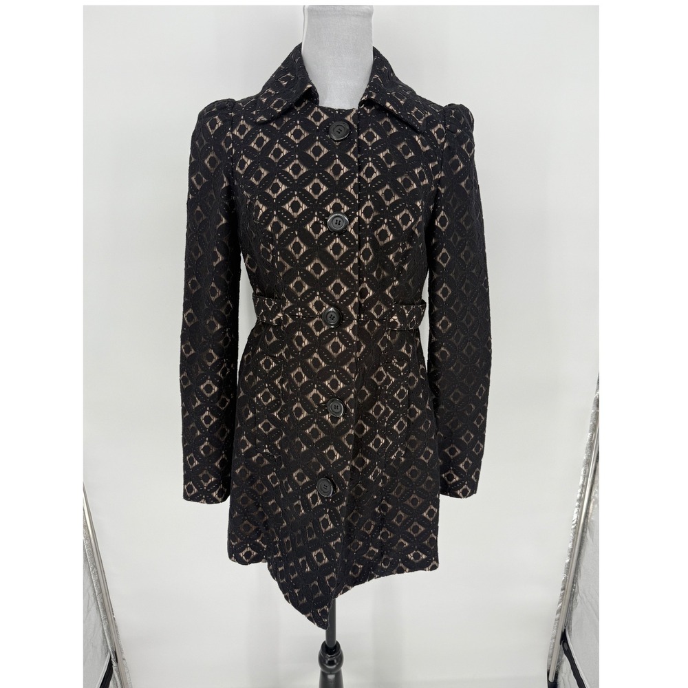 INC‎ Black Cotton Geometric Lace Trench Coat Womens Small Classic Feminine